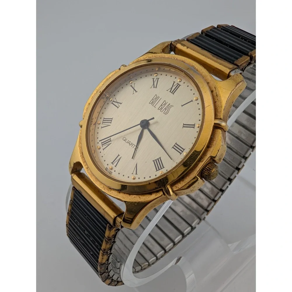 Vintage Bill Blass Watch Men 36mm Case Black/Gold Stretch Band-‎ New Battery